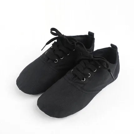 Tênis de Jazz em Canvas para Meninas e Meninos, Preto – Sapatos de Dança para Mulheres, Solado Dividido Macio, Cadarço, Para Crianças e Adultos