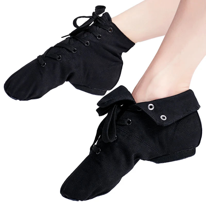 Tênis de Jazz em Canvas para Meninas e Meninos, Preto – Sapatos de Dança para Mulheres, Solado Dividido Macio, Cadarço, Para Crianças e Adultos