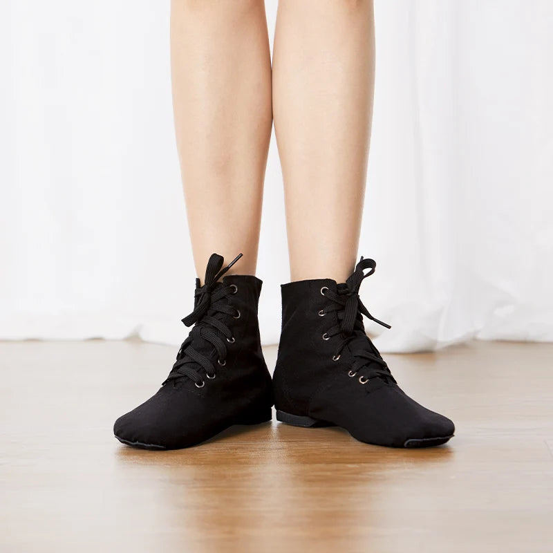 Tênis de Jazz em Canvas para Meninas e Meninos, Preto – Sapatos de Dança para Mulheres, Solado Dividido Macio, Cadarço, Para Crianças e Adultos
