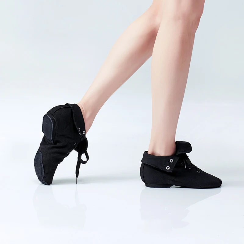 Tênis de Jazz em Canvas para Meninas e Meninos, Preto – Sapatos de Dança para Mulheres, Solado Dividido Macio, Cadarço, Para Crianças e Adultos
