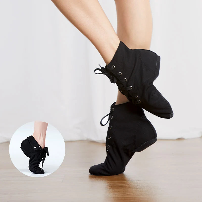 Tênis de Jazz em Canvas para Meninas e Meninos, Preto – Sapatos de Dança para Mulheres, Solado Dividido Macio, Cadarço, Para Crianças e Adultos
